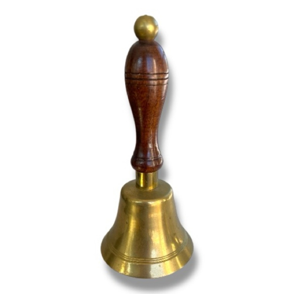 Vintage brass bell with wooden handle, India, has a loud ring, could be polished